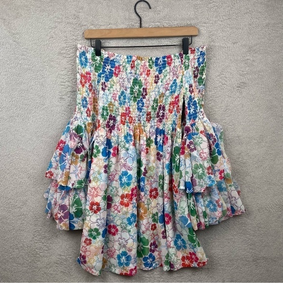 Mochi Dress Women Small Floral Red Blue Yellow Smocked Flare Sleeve Off Shoulder - Picture 10 of 16